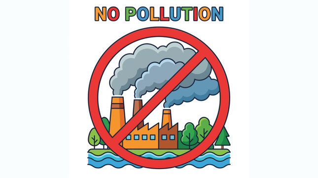 Environmental warning graphic illustrating air pollution from factory smoke stacks