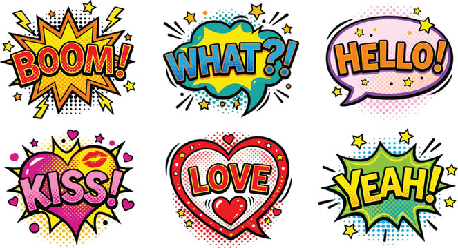 Pop Art Comic Speech Bubble Vector Icon Set with Boom What Hello Kiss Love and Yeah Expressions for Retro Graphic Designs