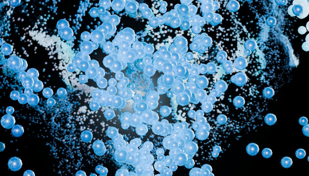 Abstract 3D blue spheres swirling in dark space background