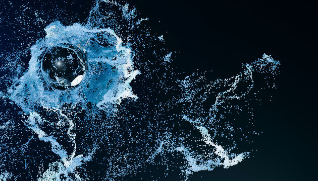 Abstract 3D blue sphere with particle splash on dark background