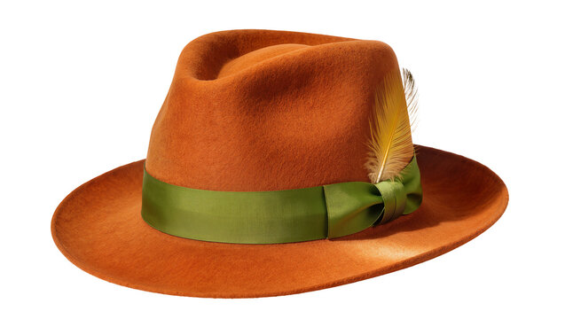 Orange fedora hat with green ribbon and feather
