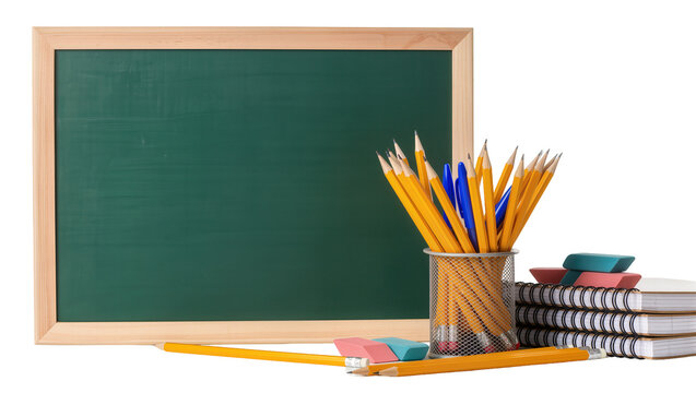 Green chalkboard with wooden frame pencils erasers, and notebooks