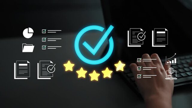 Business efficiency checklist and evaluation symbols with hand on keyboard for productivity improvement and performance assessment in professional setting Gluon.
