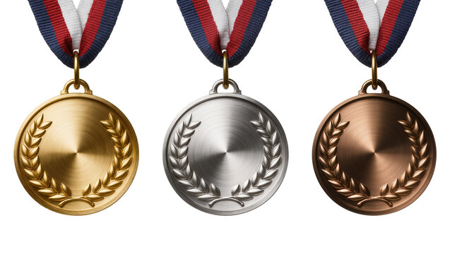 Gold Silver Bronze Medals with Laurel Wreath and Ribbon