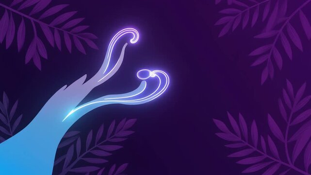 Glowing neon plant sprout animation features vibrant purple leaves unfolding in this smooth digital motion clip