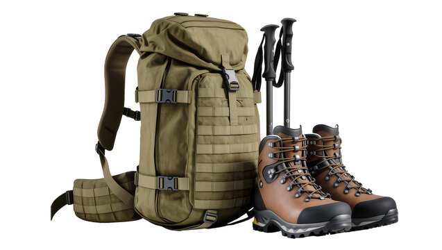 Olive green hiking backpack with brown leather boots and trekking poles