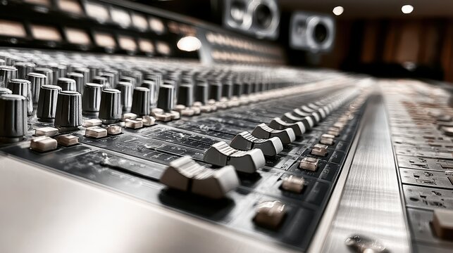 Professional analog audio mixing console in a recording studio