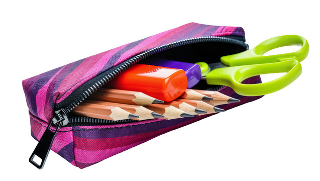 Striped pencil case with pencils scissors, and sharpener