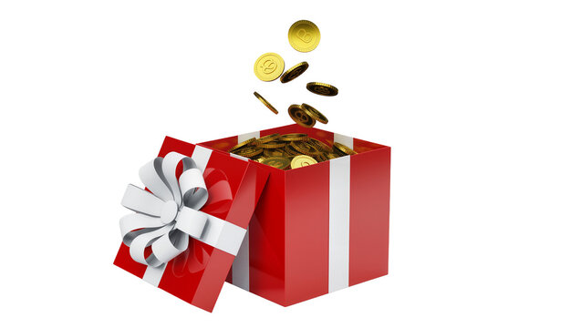 Red gift box with white ribbon overflowing with gold coins