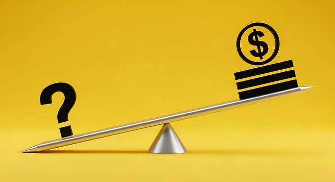 Financial uncertainty concept with question mark and dollar coins on seesaw, money value and risk balance on yellow background, economic stability metaphor