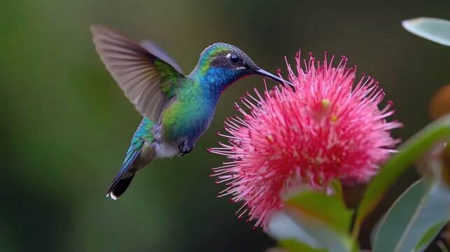 Iridescent hummingbird approaching a bright pink fluffy flower in close-up.