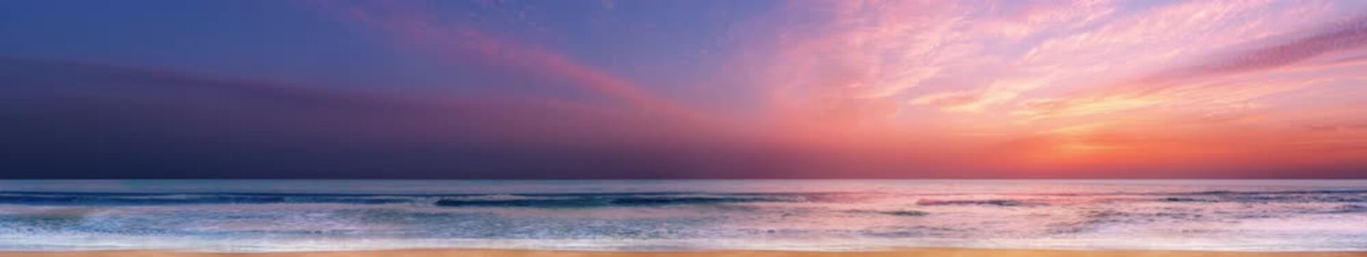 Colorful Beach Sunset Panorama with Purple Orange Sky and Ocean Waves, Nature Animation, Widescreen Loop