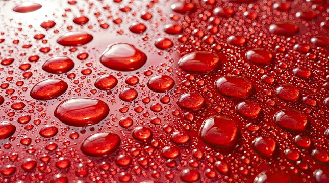 Crimson water droplets macro glossy red surface with reflective beads