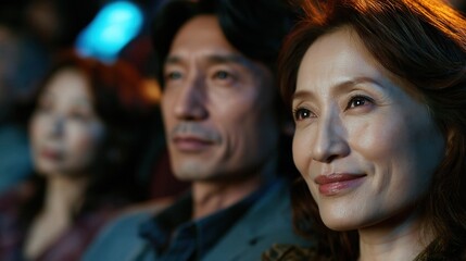 Obraz premium An Asian couple sitting in a cinema.