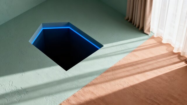 Modern Interior Design with Geometric Cutout and Blue Lighting