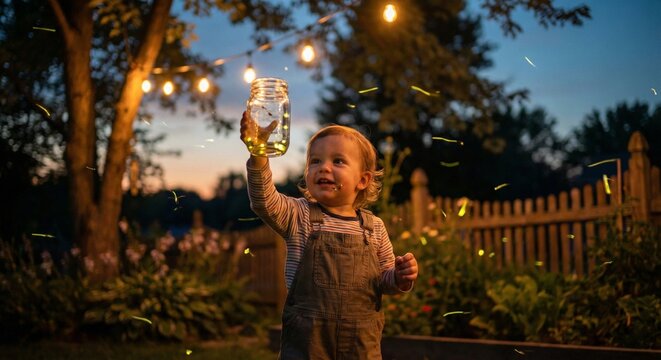 Happy young boy holding glass jar with glowing fireflies in backyard at dusk with string lights background.