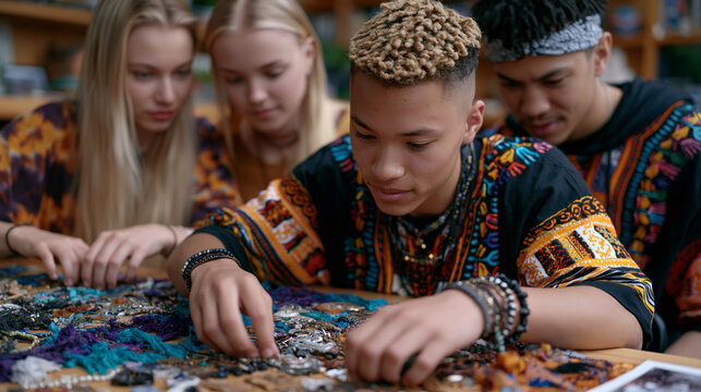 Multicultural group of university students gathered around a low table examining a spread of family objects from multiple cultural backgrounds, comparing heirloom jewelry, textile fragments, and anc