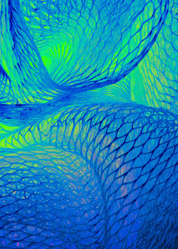 Closeup macro of blue and white mesh shower loofah