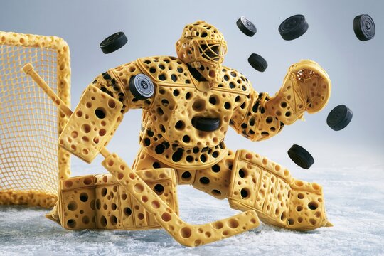 A hockey goalie made of cheese.