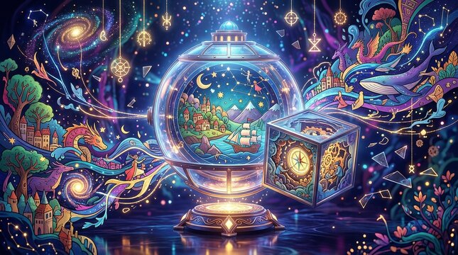 Magical fantasy illustration of a cosmic glass globe and mechanical cube showing miniature worlds with dragons and mythical creatures.
