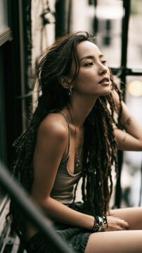 Asian woman with dreadlocks sitting on a fire escape.
