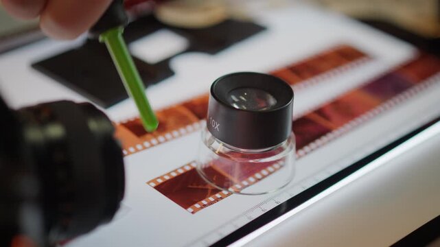 Analog Photography Film Negative Dust Cleaning Air Blower Lightbox Magnifier Loupe. A photographer carefully removes dust from classic 35mm strips