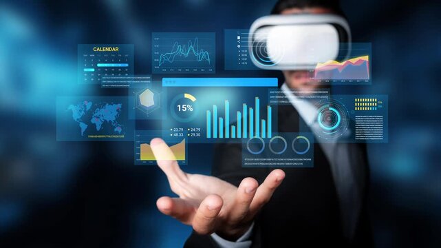 Business Professional Using Virtual Reality Headset to Interact with Data Visualizations and Graphs in a Futuristic Office Environment. Entropy.