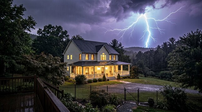 Dramatic lightning strike over rural american farmhouse during intense storm