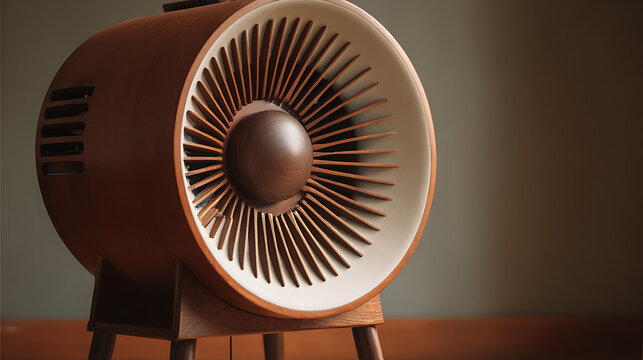 tall wooden speaker with circular fan
