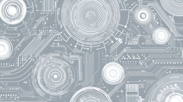 Abstract digital circuit board pattern in white, gray, and gradient circles and lines