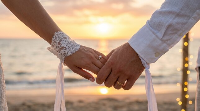 Couple holding hands at beach sunset, romantic love concept, summer vacation.