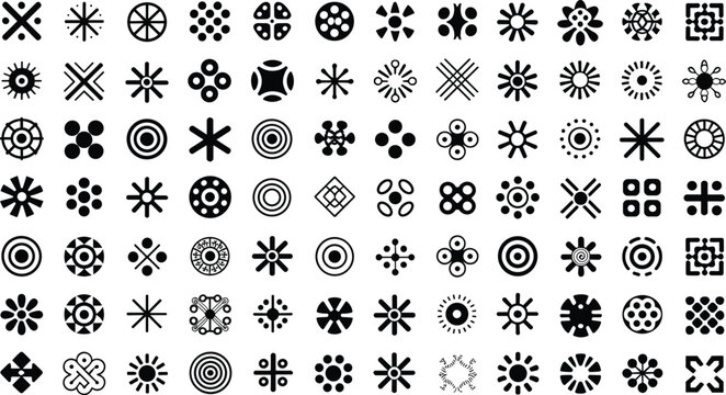 Minimalist abstract geometric icons big bundle pack featuring black tribal symbols star shapes floral motifs and circular patterns vector illustrationMinimalist abstract geometric icons big bundle pac