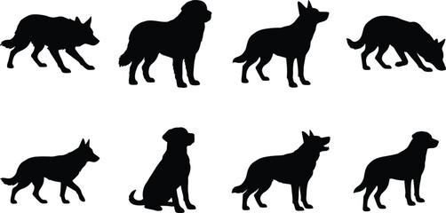 Obraz premium Dog silhouettes in various poses including standing, sitting, walking, and sniffing for design projects