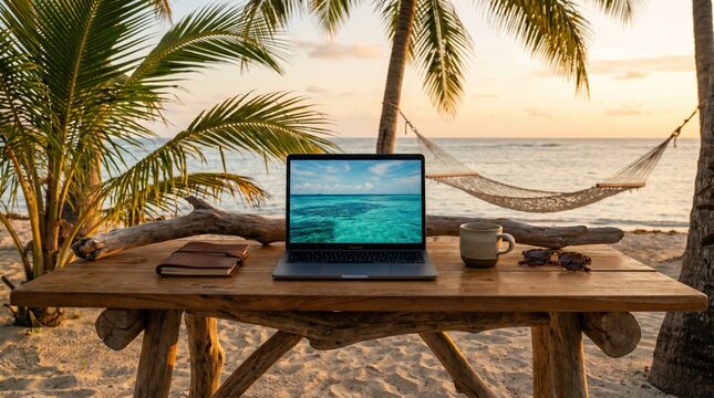 Laptop on wooden table with hammock and palm trees in background, remote work concept, digital nomad lifestyle.