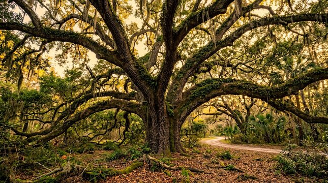 Majestic southern live oak tree with spanish moss along a winding country road
