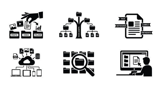 Digital asset management icons flat vector style on white background