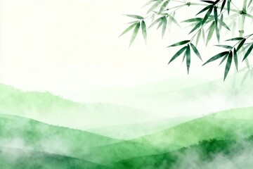 Naklejka premium Watercolor Bamboo and Misty Hills Landscape