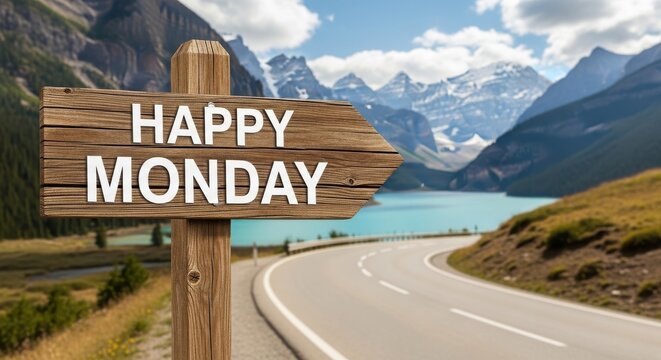 Happy monday wooden signpost on mountain road background