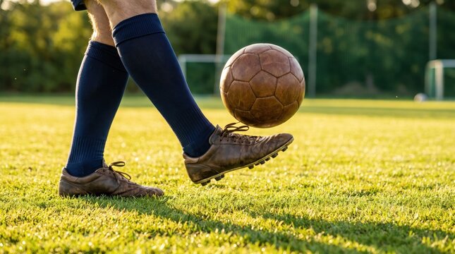 Close-up of a soccer player's legs and feet juggling an old leather football on a sunny green field.