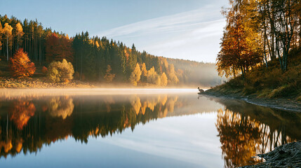 Obraz premium Peaceful Lake Scene with Autumn Forest Reflections