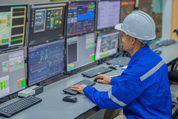 Engineer working at control room, Manager control system, Technician man monitoring program from a lot of monitor. Specialist observes analytics dashboard,operator inspects digital interface © reewungjunerr