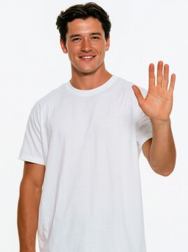 Young smiling man waves his hand to say hello.	