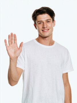 Young smiling man waves his hand to say hello.	