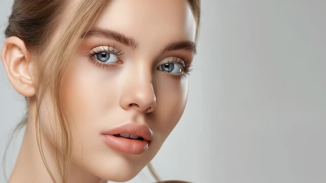 This captivating portrait of a young woman with bright blue eyes and elegant makeup is ideal for beauty, fashion, and modeling stock photography, showcasing charm and refinement throughout