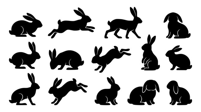 Rabbit and bunny silhouette icon set featuring various sitting jumping and running wild animal vector elements