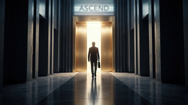 Businessman walking towards a bright, open elevator with 'ASCEND' sign, symbolizing career growth and opportunity.