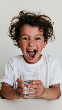 An excited boy holds a glass of water in his hands.
