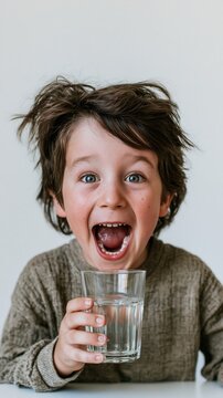 An excited boy holds a glass of water in his hands.