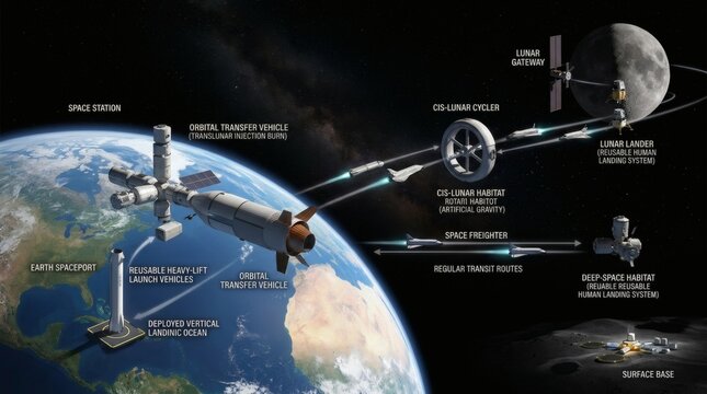 Future Space Exploration Concept Showing Earth Spaceport Orbital Transfer Vehicle Cis Lunar Habitat and Lunar Surface Base