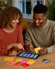 Fototapeta premium Couple managing household subscriptions using colored cards and tablet at home